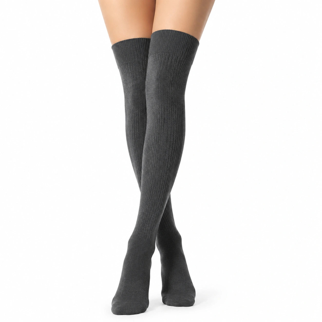 Chaussettes hautes 35-38 en textile tricoté gris anthracite côtelées