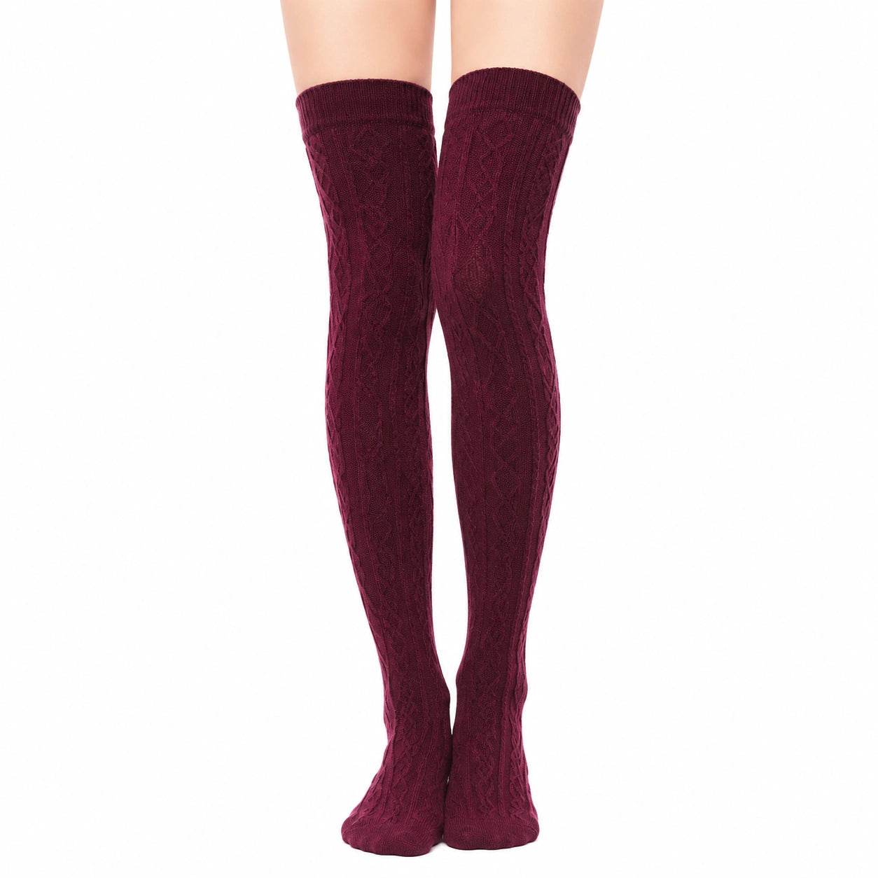 Chaussettes cuissardes taille 35-38 en maille bordeaux à torsades style hivernal
