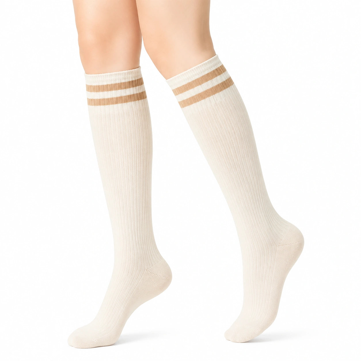 Chaussettes hautes 39-42 écru beige en maille côtelée style sportif