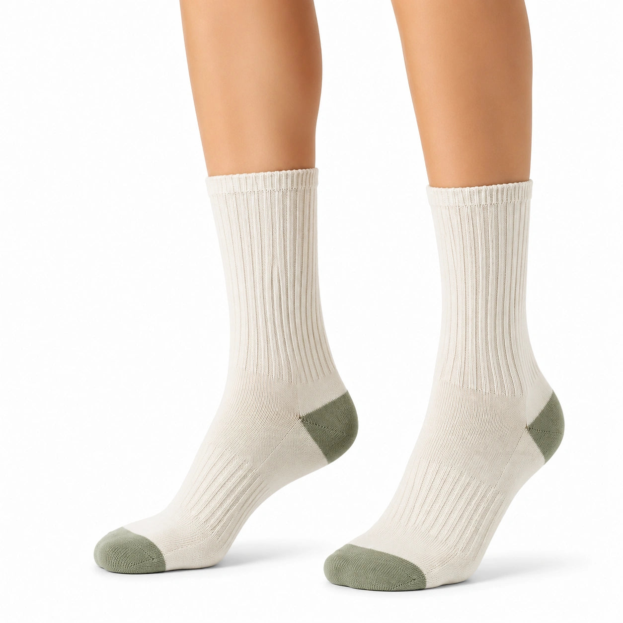 Chaussettes mi-mollet 39-42 en maille textile écru et vert côtelées