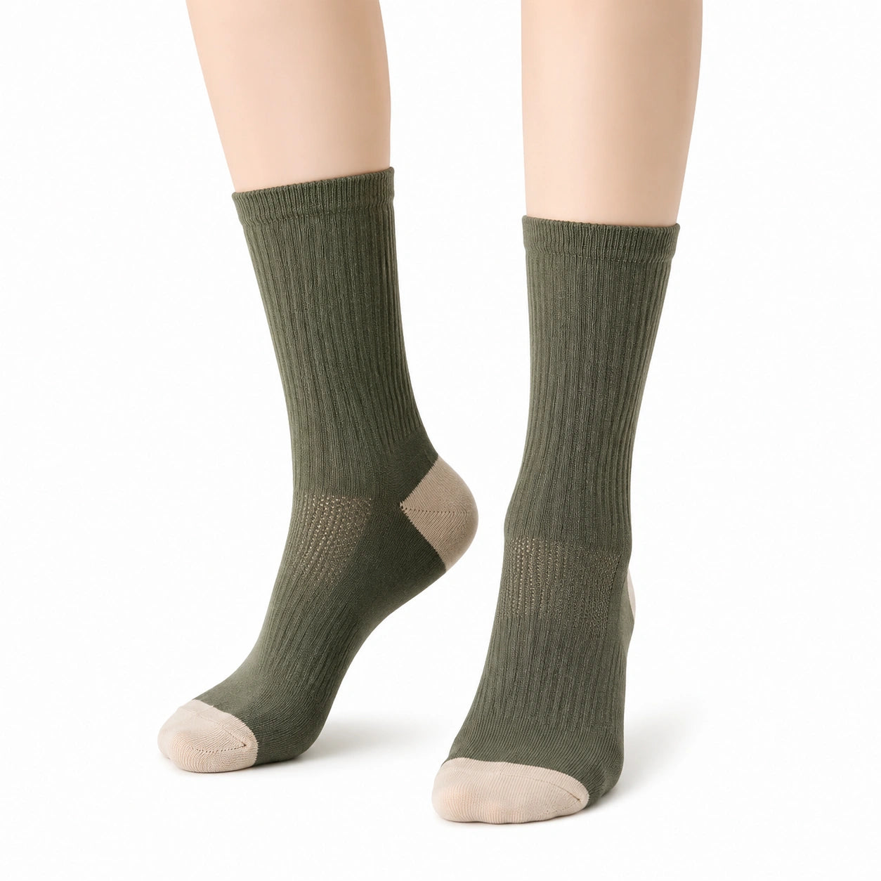 Chaussettes mi-mollet 43-46 en maille côtelée vert kaki et beige style quotidien